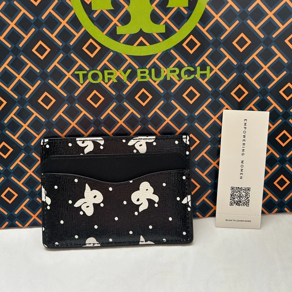 Tory Burch Emerson Printed Slim Card Case Black Tossed Bow Silver Black White